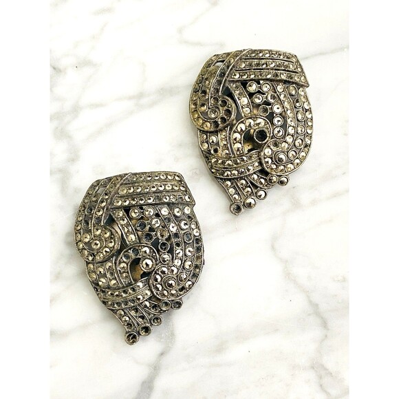 Antique Art Deco Marcasite Pot Metal Dress Clips & Belt Buckle Set As Is Repair main image 6